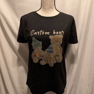 NWT. ADORABLE Cartoon Bear Embellished Black Tee Shirt. Small/Medium